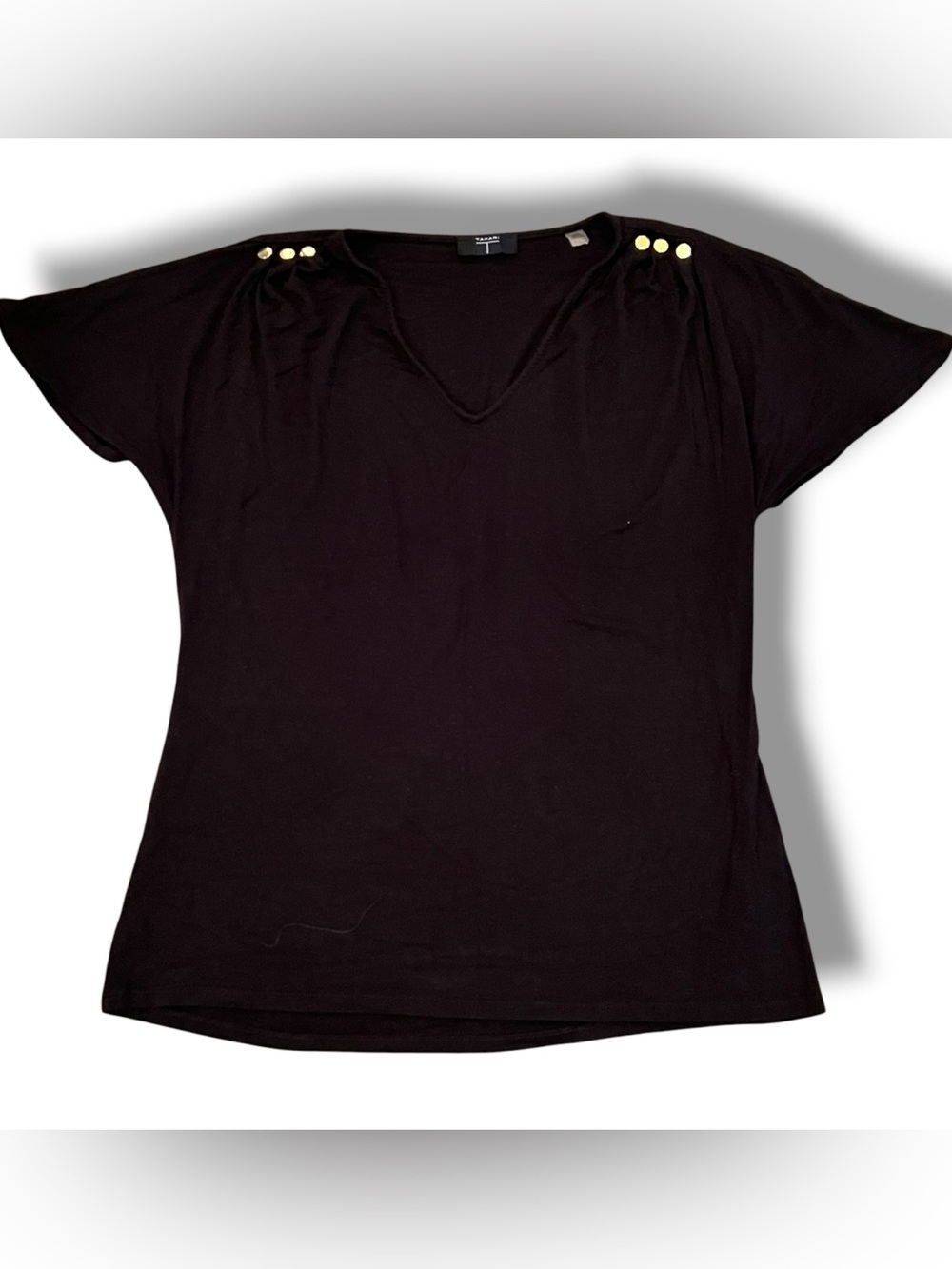 Tahari womens Short Sleeves Black Blouse Top Gold Embellished Shoulder Sz M F-6